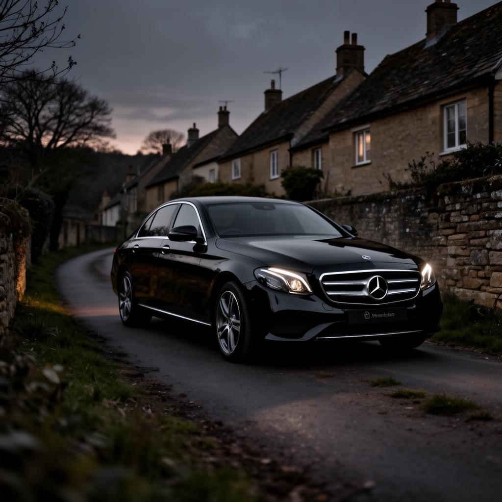 Black Mercedes-Benz E-Class at dusk in a Cotswold village