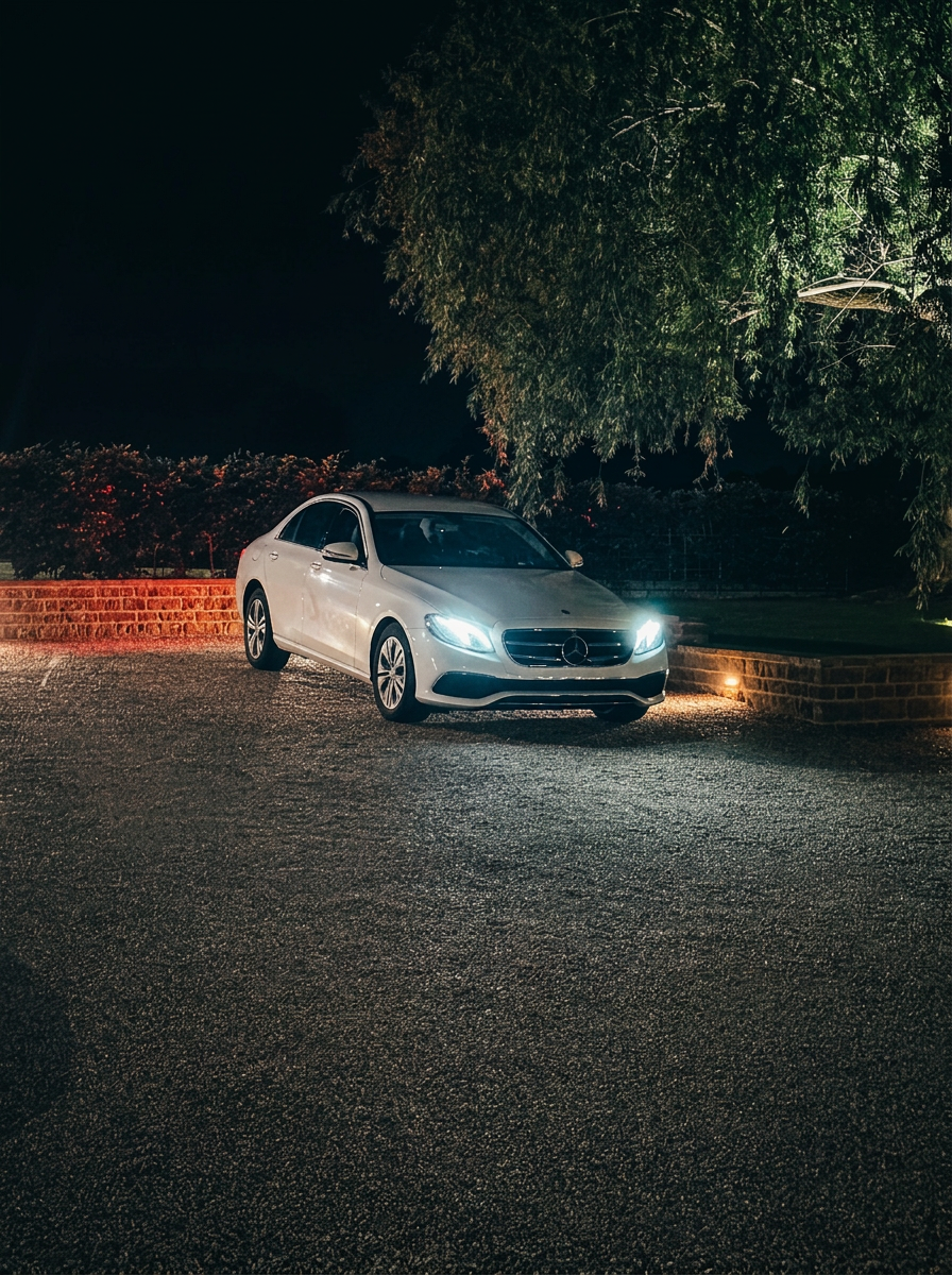 White Mercedes-Benz E-Class with headlights on at night on a gravel driveway