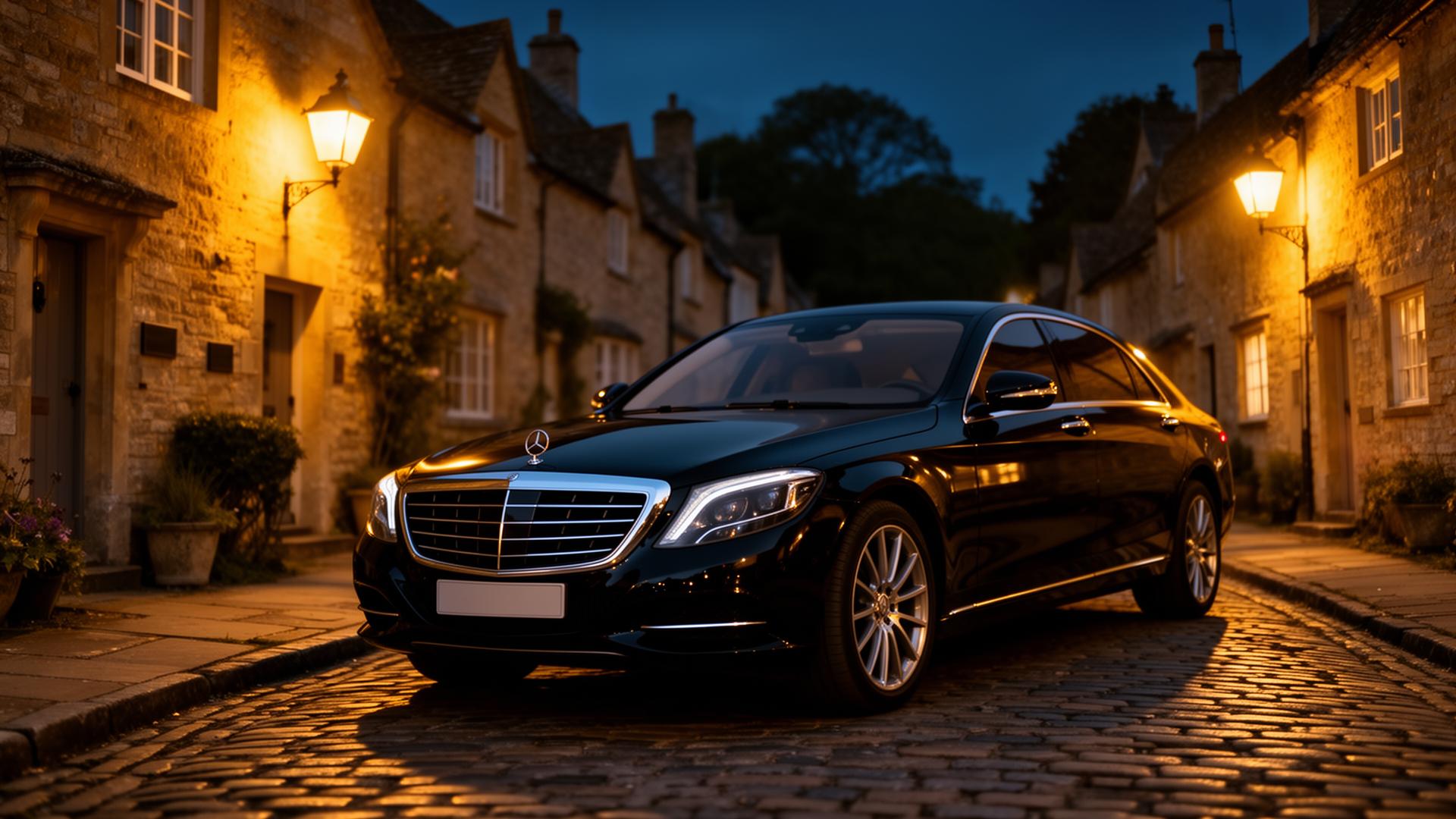 Black Mercedes-Benz parked on a Cotswolds village street at dusk